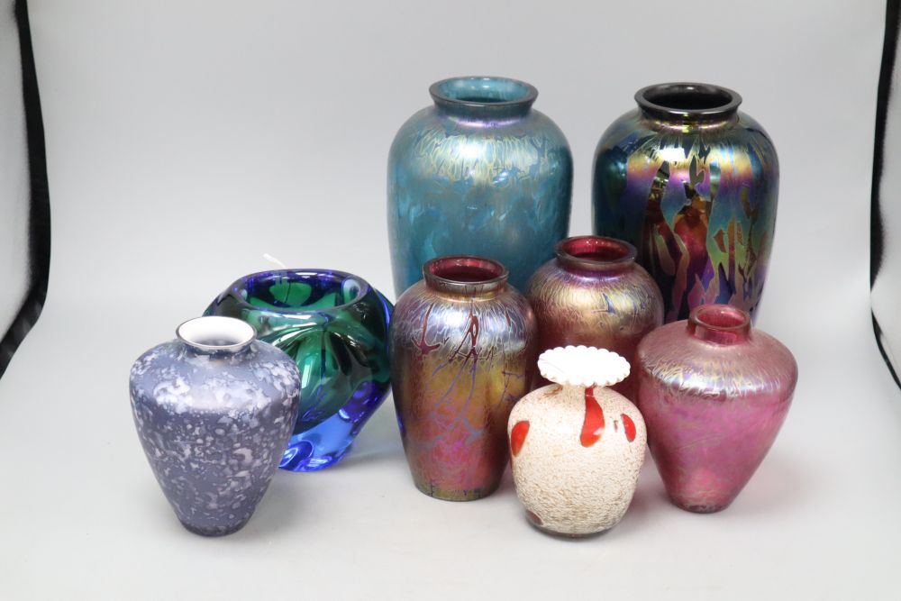 Eight assorted coloured art glass vases including Royal Brierley, tallest 23cm.